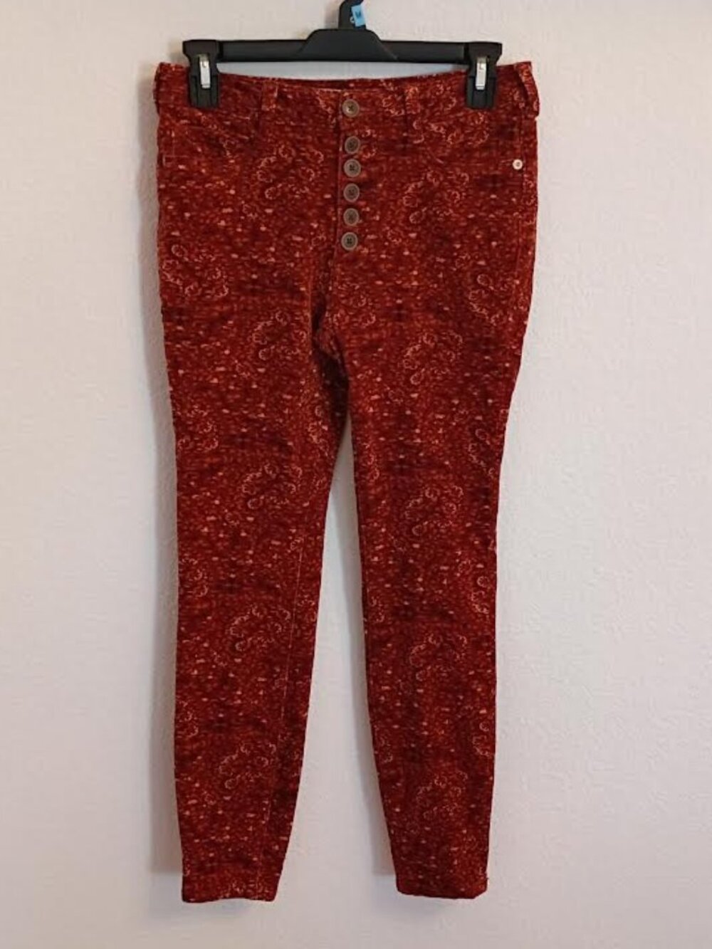 ANTHROPOLOGIE PILCRO  HIGH RISE SKINNY BUTTON FLY CORDUROY PANTS RUST FLORAL  26